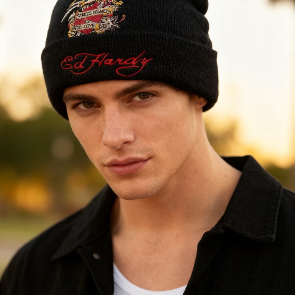 Ed Hardy Black Knit Hat with Red Script